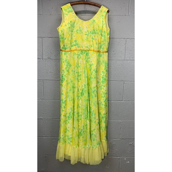 Vtg 70s Floral Chiffon Ruffled Sleeveless Gown Prom Maxi Dress XL - Picture 4 of 10
